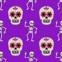 Seamless pattern featuring dancing skeletons with bow ties and sugar skulls adorned with vibrant orange and purple flowers on a rich purple background, ideal for festive Day of the Dead desi... vector