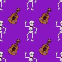 Seamless pattern featuring dancing skeletons with floral eye makeup and decorative guitars on a vibrant purple background, perfect for Day of the Dead celebrations. vector