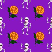 Festive Day of the Dead seamless pattern with dancing skeletons wearing bow ties and vibrant marigold flowers on a purple background. vector