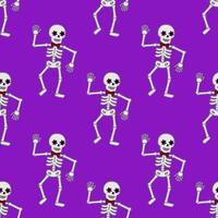 Seamless pattern of dancing skeletons with floral eye decorations and red bow ties on a vibrant purple background, ideal for Halloween or Day of the Dead designs. vector