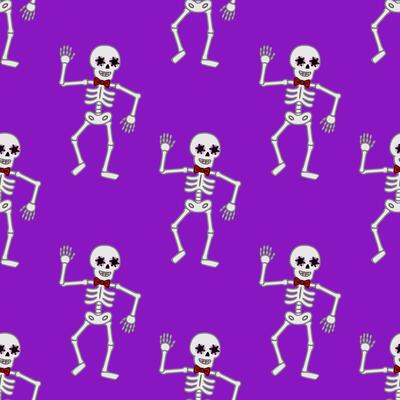 Seamless pattern of dancing skeletons with floral eye decorations and red bow ties on a vibrant purple background, ideal for Halloween or Day of the Dead designs.