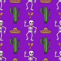 Festive Day of the Dead seamless pattern featuring dancing skeletons, cacti, sombreros, and maracas on a vibrant purple background, perfect for textile prints or holiday designs. vector
