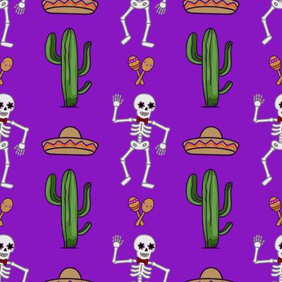 Festive Day of the Dead seamless pattern featuring dancing skeletons, cacti, sombreros, and maracas on a vibrant purple background, perfect for textile prints or holiday designs.