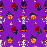 Vibrant seamless pattern featuring Day of the Dead Calaveras skeletons in festive attire, surrounded by marigolds and other colorful flowers on a rich purple background. vector