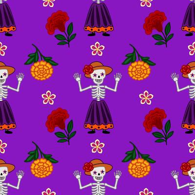 Vibrant seamless pattern featuring Day of the Dead Calaveras skeletons in festive attire, surrounded by marigolds and other colorful flowers on a rich purple background.