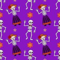 Seamless pattern featuring cheerful dancing skeletons in vibrant purple, adorned with floral details and traditional Mexican attire, perfect for Day of the Dead celebrations. vector