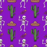 Seamless pattern featuring vibrant Day of the Dead skeletons dancing with trumpets, cacti, and sombreros on a rich purple background. vector