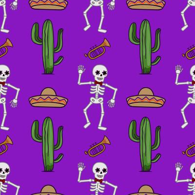 Seamless pattern featuring vibrant Day of the Dead skeletons dancing with trumpets, cacti, and sombreros on a rich purple background.