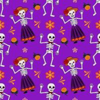 Vibrant Seamless Pattern Day of the Dead Skeletons Dancing Amidst Marigolds and Festive Flowers on Purple Background vector