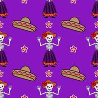 Seamless pattern featuring cheerful Calaveras in vibrant purple, orange, and beige, adorned with flowers and sombreros, ideal for Day of the Dead celebrations. vector