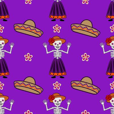 Seamless pattern featuring cheerful Calaveras in vibrant purple, orange, and beige, adorned with flowers and sombreros, ideal for Day of the Dead celebrations.