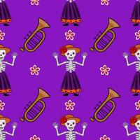 Festive Day of the Dead seamless pattern with skeletons in traditional clothing, trumpets, and vibrant flowers on a purple background, perfect for textile prints and holiday designs. vector