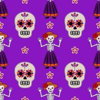 Vibrant seamless pattern featuring Calavera Catrinas, skeletons in traditional attire, and colorful floral elements against a rich purple background, perfect for Day of the Dead celebrations. vector