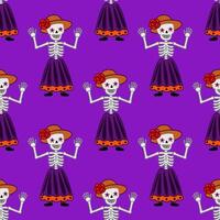 Seamless pattern featuring cheerful Calavera Catrina skeletons in vibrant purple and orange, perfect for Day of the Dead celebrations. vector