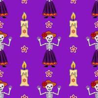 Seamless pattern featuring cheerful Calaveras Catrinas in vibrant purple, orange, and red, waving against a backdrop of lit candles and stylized flowers, perfect for Day of the Dead celebrat... vector