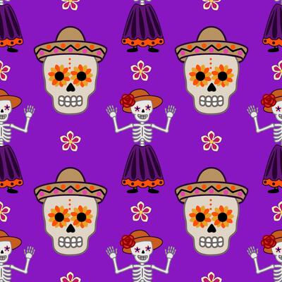 Festive Day of the Dead seamless pattern with sugar skulls, skeletons in traditional outfits, and vibrant flowers on a purple background.