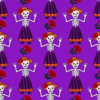 Seamless pattern featuring cheerful Day of the Dead skeletons in vibrant purple dresses, orange hats adorned with red roses, and waving hands against a rich purple background. vector