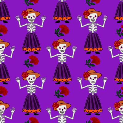 Seamless pattern featuring cheerful Day of the Dead skeletons in vibrant purple dresses, orange hats adorned with red roses, and waving hands against a rich purple background.