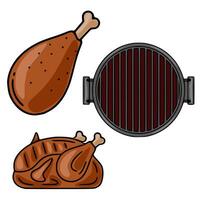 A illustration featuring a roasted chicken, a chicken leg, and a round grill, showcasing a cartoonish style with brown and gray tones, perfect for foodrelated designs. vector
