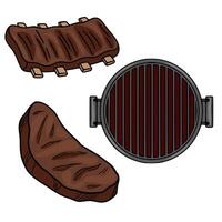 A illustration featuring a juicy steak, BBQ ribs, and a round grill, showcasing a handdrawn style with rich brown and dark red tones, perfect for menu designs or BBQthemed projects. vector