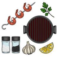 Delicious Grilled Shrimp Illustration A vibrant graphic depicting grilled shrimp skewers, a round grill, garlic, lemon wedge, parsley, and salt and pepper shakers, perfect for culina... vector