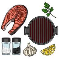 Vibrant illustration of grilled salmon steak, grill, lemon slice, garlic, parsley, salt and pepper shakers, perfect for culinary designs and menus. vector