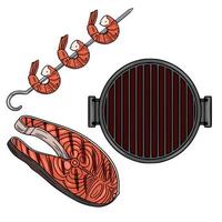 Delicious illustration of grilled salmon steak and shrimp skewers, perfect for a summer barbecue menu design or food blog. vector