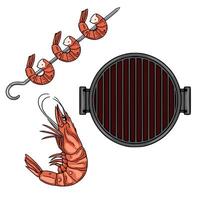 Delicious illustration of grilled shrimps on skewers and a round grill, showcasing vibrant orange hues and detailed handdrawn style. vector