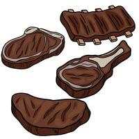 A illustration featuring four different cuts of grilled meat a rib rack, a Tbone steak, a ribeye steak, and a sirloin steak, each rendered in a handdrawn style with rich brown tones. vector