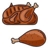 Delicious Roasted Chicken Illustration A whole roasted chicken and a single drumstick, presented in a simple, handdrawn style with brown and beige color palette. vector