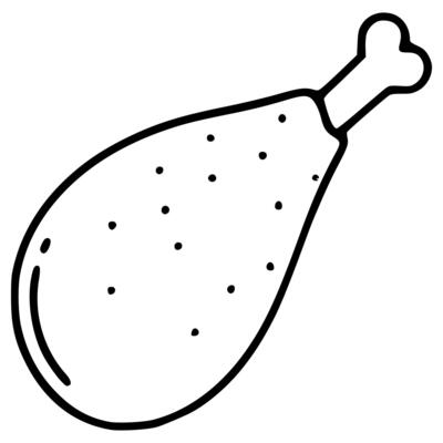 A illustration of a single chicken leg, featuring a simple, handdrawn style with black outlines and subtle dotted texture, perfect for menu design or foodrelated projects.