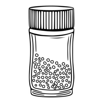 illustration of a handdrawn jar filled with small, irregularly shaped particles, featuring a detailed screwtop lid with vertical lines, creating a unique and visually appealing design. vector