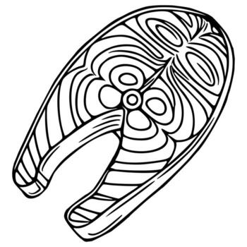 un ilustración de un estilizado salmón filete, exhibiendo un detallado dibujado a mano estilo con negrita negro líneas y intrincado concéntrico circular patrones dentro el pescado carne, creando un único a... vector