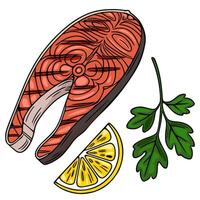 Grilled salmon steak illustration with lemon slice and parsley sprig, vibrant handdrawn style for culinary design. vector