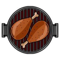 Delicious illustration of two roasted chicken legs on a round grill, top view, showcasing a cartoon style with dark brown and gray color palette. vector