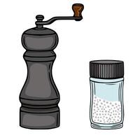 illustration of a vintage manual pepper grinder and a jar of peppercorns, showcasing a handdrawn style with dark gray and brown accents against a white background. vector