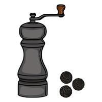 illustration of a vintage pepper grinder with three peppercorns, showcasing a detailed handdrawn style with dark gray and brown color palette, ideal for culinary designs. vector