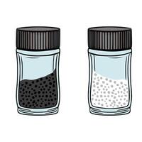 illustration of two glass jars with black pepper and salt, handdrawn style with a focus on detailed texture and realistic shading. vector
