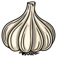 illustration of a single garlic bulb, depicted in a stylized cartoon manner with bold outlines and beige color palette, showcasing its segmented structure and textured surface. vector