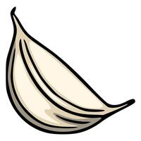 A illustration of a single clove of garlic, depicted in a handdrawn style with bold black outlines and beigetoned shading, showcasing its curved form and detailed texture. vector
