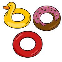 illustration of three inflatable rings a yellow duckshaped ring, a pink donutshaped ring with chocolate icing and sprinkles, and a classic red ring. vector