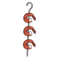 illustration of three grilled shrimps on a skewer, presented in a vertical arrangement with a detailed handdrawn style, showcasing vibrant orange hues and metallic grey accents. vector
