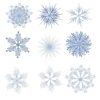 A illustration featuring nine unique snowflake designs in delicate light blue hues, showcasing intricate details and varied geometric patterns, ideal for winterthemed projects. vector