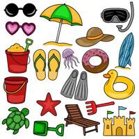 Vibrant illustration of a playful summer beach collection, featuring sunglasses, beach umbrella, diving mask, surfboard, beach toys, flipflops, jellyfish, donut, inflatable ring, turtle, an... vector