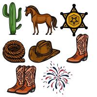 A vibrant illustration featuring a collection of Wild West elements a cactus, a horse, a sheriffs badge, a lasso, a cowboy hat, cowboy boots, and a firework, all rendered in a bold, cartoo... vector