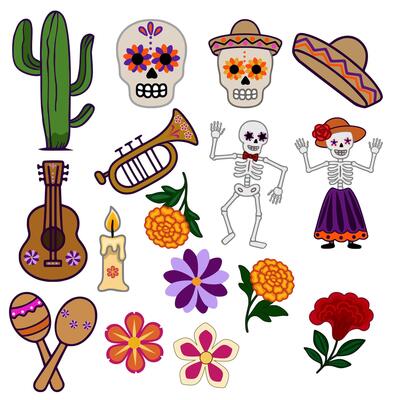Vibrant Illustration of Day of the Dead Festive Elements Skulls, Skeletons, Musical Instruments, and Flowers