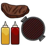 Delicious illustration of a grilled steak, round grill, and condiment bottles, perfect for menu design or BBQ themed projects. vector