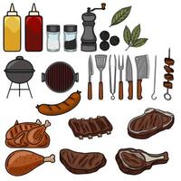 A vibrant illustration featuring a delightful collection of handdrawn barbecue elements, including grilled meats, various cooking utensils, and seasonings, perfect for menu design or culina... vector