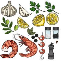 A vibrant illustration featuring a collection of handdrawn seafood and Mediterranean ingredients, including shrimp, garlic, lemons, olives, parsley, bay leaves, peppercorns, salt, and a pep... vector
