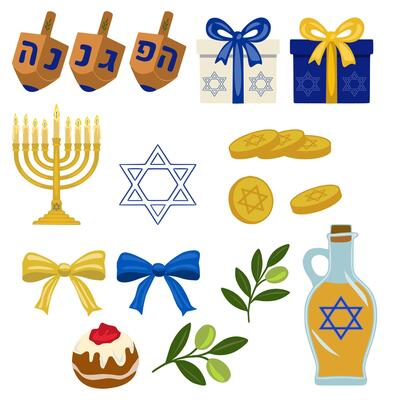 A vibrant illustration of Hanukkah and Jewish symbols, featuring dreidels, menorah, gifts, Star of David, sufganiyot, olive branches and oil, perfect for festive designs.